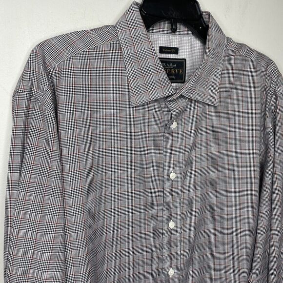 JOS A BANK Shirt Mens XL Tailored Fit Button Up Spread Collar Check Black Tan - Picture 3 of 9